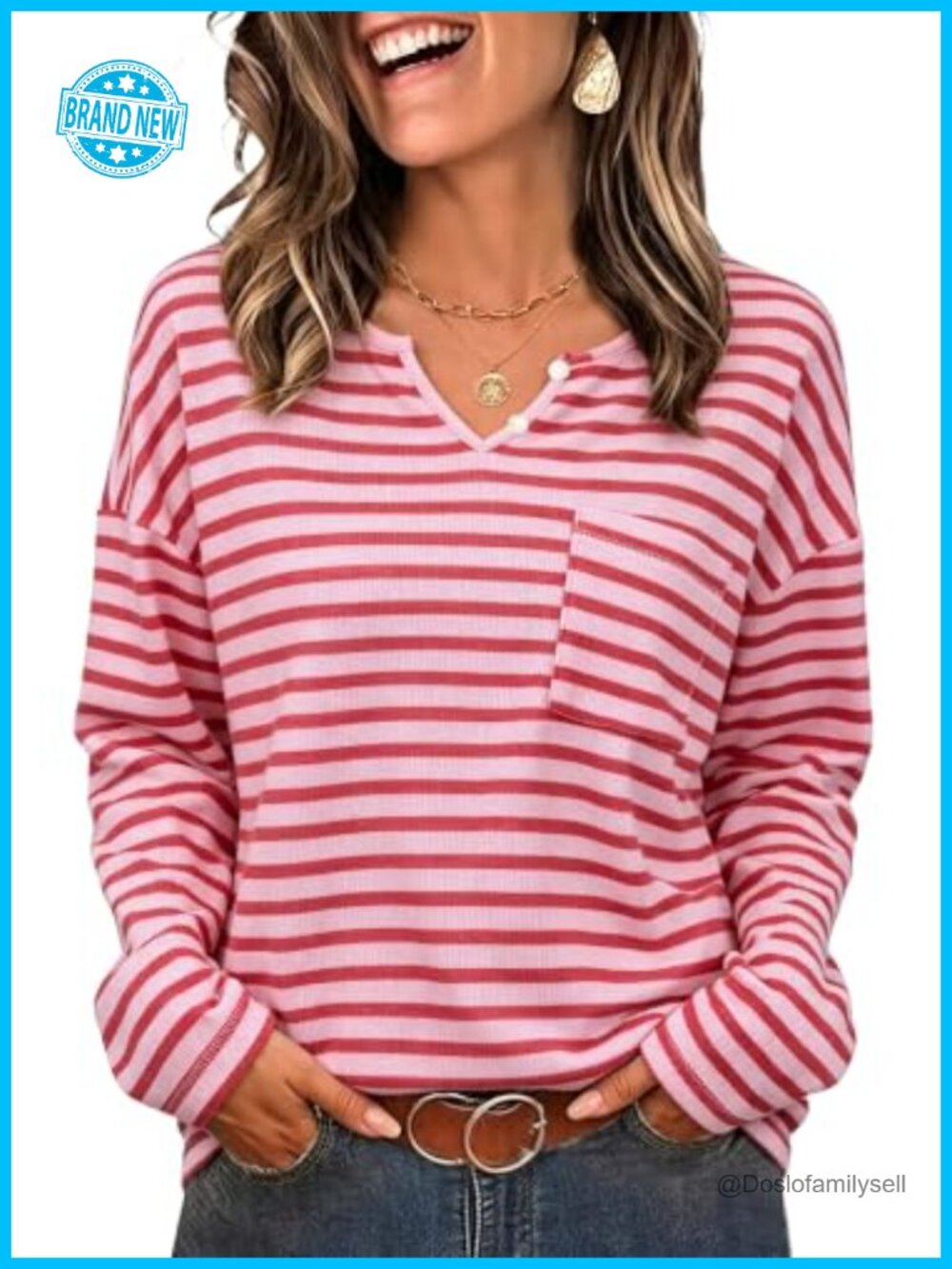 Waffle Knit Tunic Top V-Neck Long Sleeve Relaxed Fit Button
